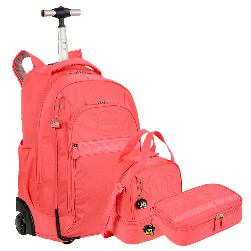 Kit Mochila Carrinho 2 Compartimentos mais Lancheira 2 Compartimentos e Estojo Box Especial Paul Frank Classics Neon Laranja - Papaya