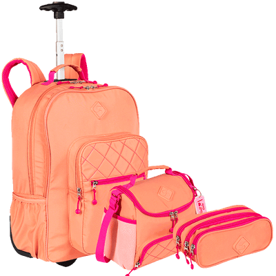 Kit  Mochila Carrinho 2 Compartimentos mais Lancheira com Bolso Frontal e Estojo 3 Compartimentos Sestini Lover - Coral