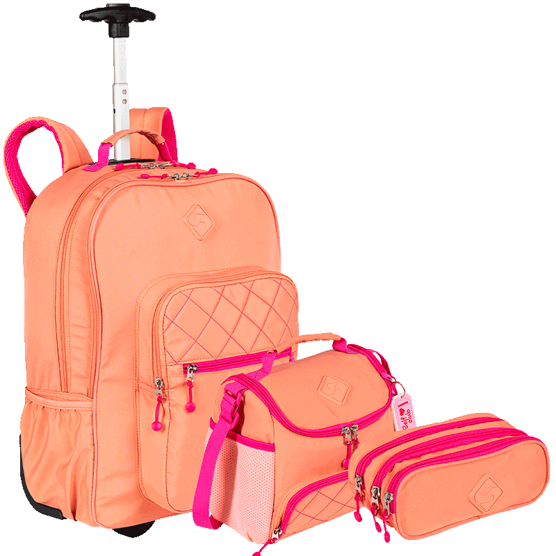 Kit  Mochila Carrinho 2 Compartimentos mais Lancheira com Bolso Frontal e Estojo 3 Compartimentos Sestini Lover - Coral