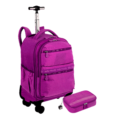 Kit  Mochila Carrinho 4 Rodas e Estojo Box Especial Paul Frank T03 Roxo - Orquídea