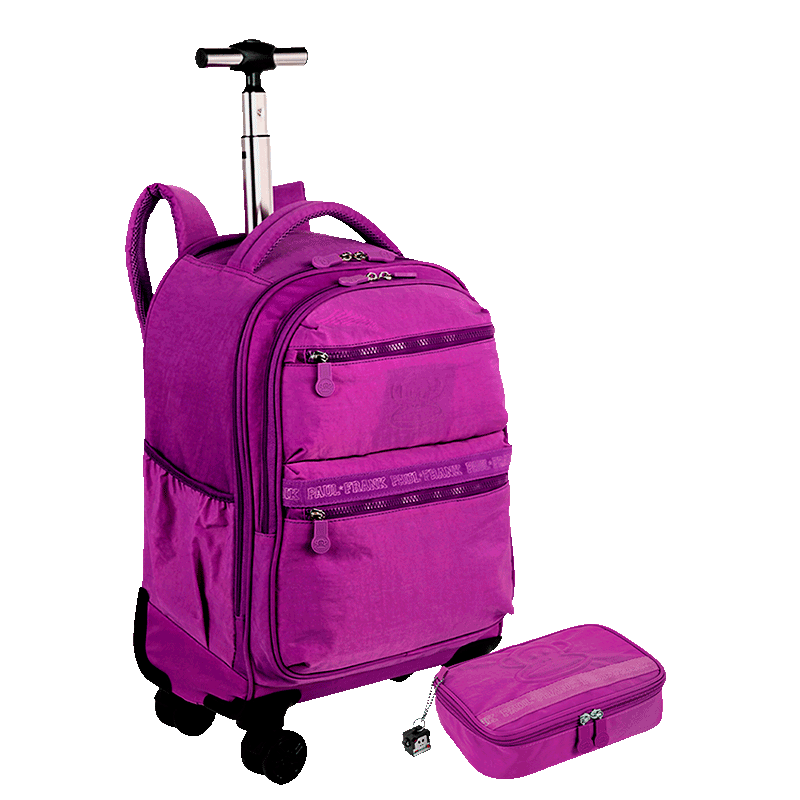 Kit  Mochila Carrinho 4 Rodas e Estojo Box Especial Paul Frank T03 Roxo - Orquídea