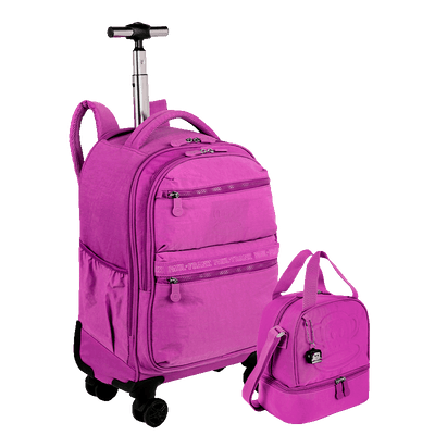Kit  Mochila Carrinho 4 Rodas e Lancheira 2 Compartimentos Paul Frank T03 Roxo - Orquídea