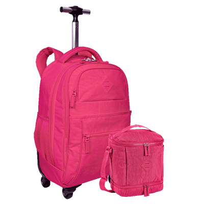 Kit Mochila Carrinho 4 Rodas e Lancheira Fitness Sestini Crinkle Rosa - Pink