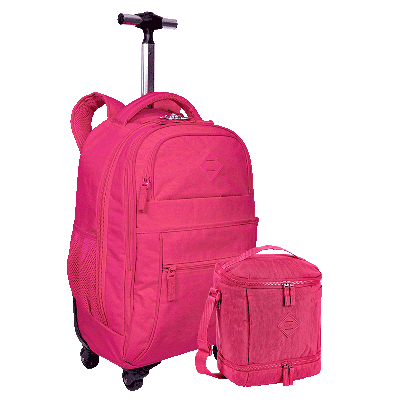 Kit Mochila Carrinho 4 Rodas e Lancheira Fitness Sestini Crinkle Rosa - Pink