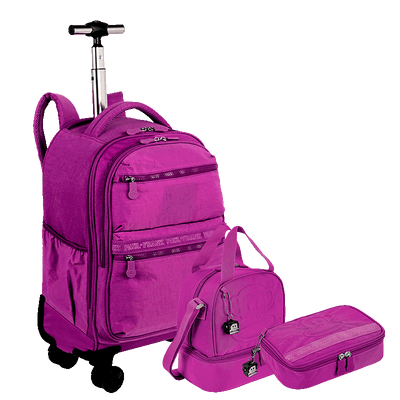 Kit  Mochila Carrinho 4 Rodas mais Lancheira 2 Compartimentos e Estojo Box Especial Paul Frank T03 Roxo - Orquídea