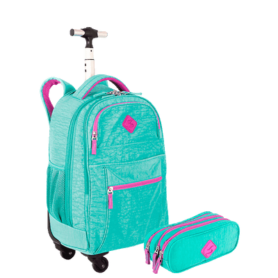Kit  Mochila Carrinho 4 Rodas Sestini Rolling e Estojo 3 Compartimentos Azul - Turquesa