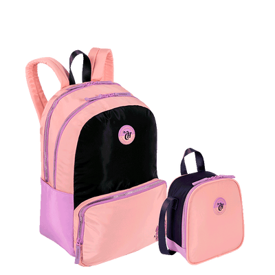 Kit  Mochila 2 Compartimentos e Lancheira Grande Capricho Block - Coral