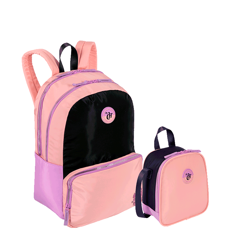 Kit  Mochila 2 Compartimentos e Lancheira Grande Capricho Block - Coral