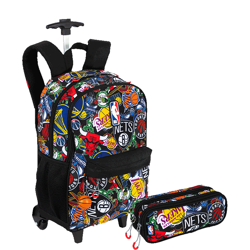 Kit  Mochila Carrinho e Estojo 2 Compartimentos Nba Begins - Preto