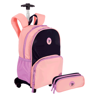 Kit  Mochila Carrinho e Estojo 2 Compartimentos Capricho Block - Coral