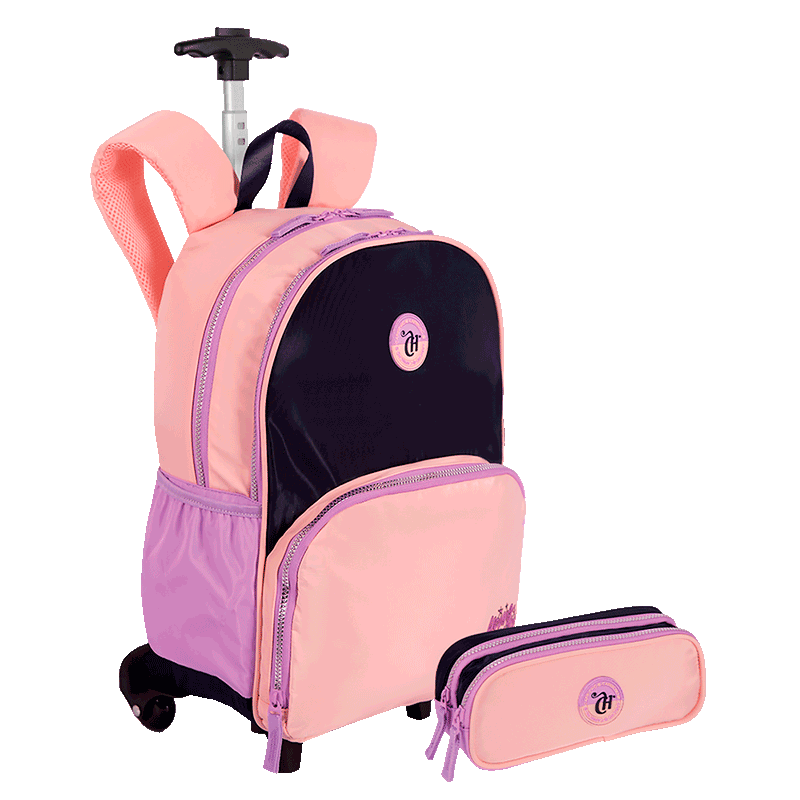 Kit  Mochila Carrinho e Estojo 2 Compartimentos Capricho Block - Coral