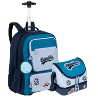 Kit  Mochila Carrinho Grande e Lancheira 2 Compartimentos Capricho Class - Azul