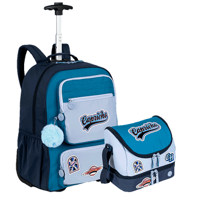 Kit  Mochila Carrinho Grande e Lancheira 2 Compartimentos Capricho Class - Azul