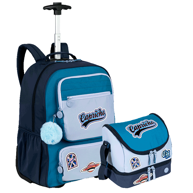 Kit  Mochila Carrinho Grande e Lancheira 2 Compartimentos Capricho Class - Azul