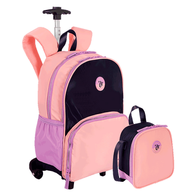 Kit  Mochila Carrinho e Lancheira Grande Capricho Block - Coral