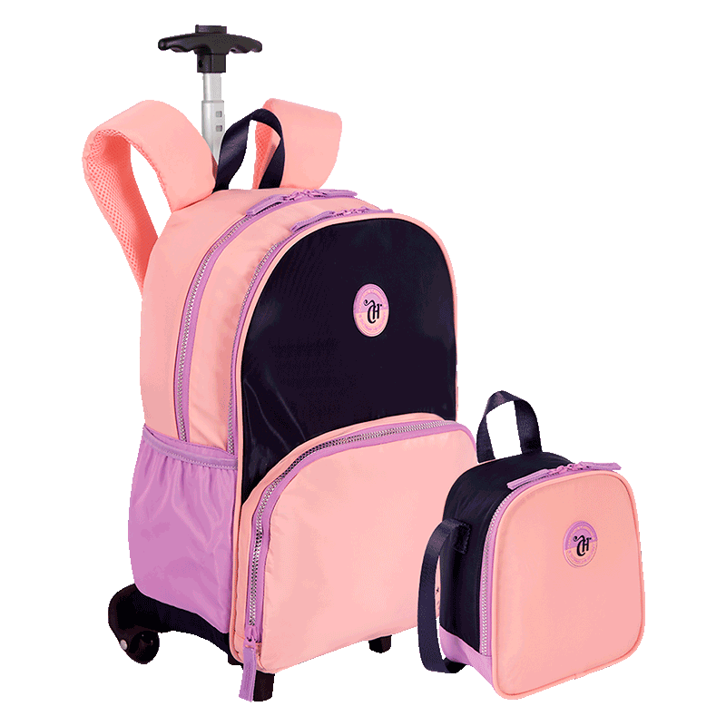 Kit  Mochila Carrinho e Lancheira Grande Capricho Block - Coral