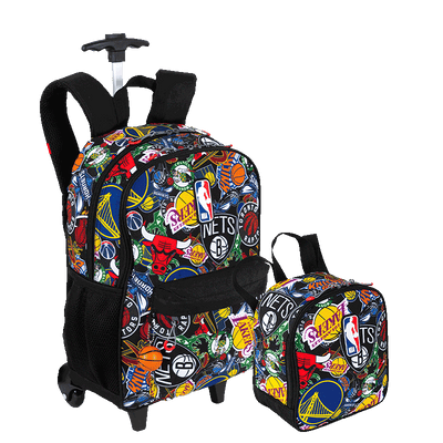 Kit  Mochila Carrinho e Lancheira Grande Nba Begins - Preto