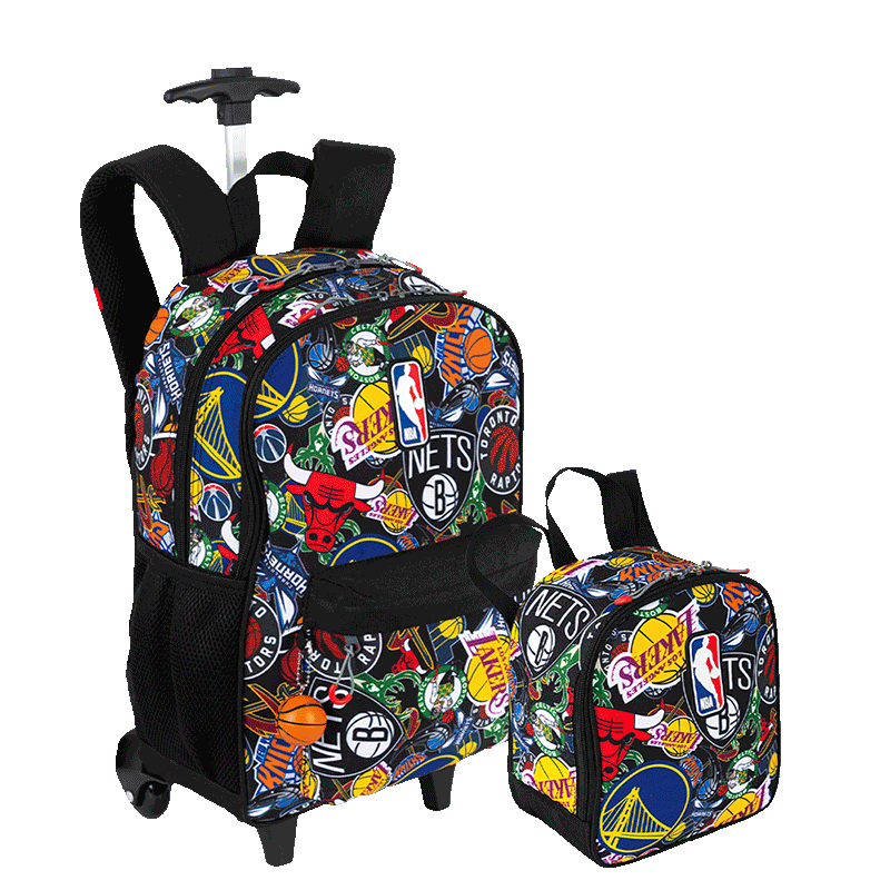 Kit  Mochila Carrinho e Lancheira Grande Nba Begins - Preto