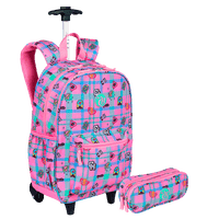 Kit  Mochila Carrinho Externo e Estojo 2 Compartimentos Capricho Student - Rosa Claro