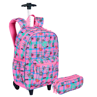 Kit  Mochila Carrinho Externo e Estojo 2 Compartimentos Capricho Student - Rosa Claro