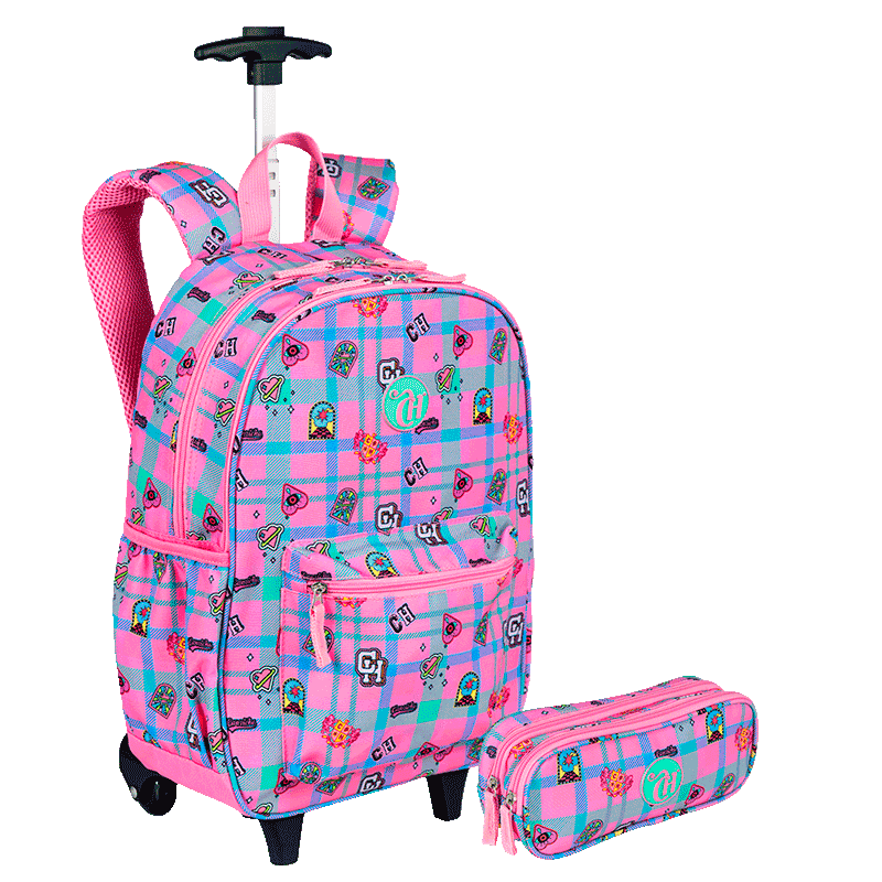 Kit  Mochila Carrinho Externo e Estojo 2 Compartimentos Capricho Student - Rosa Claro