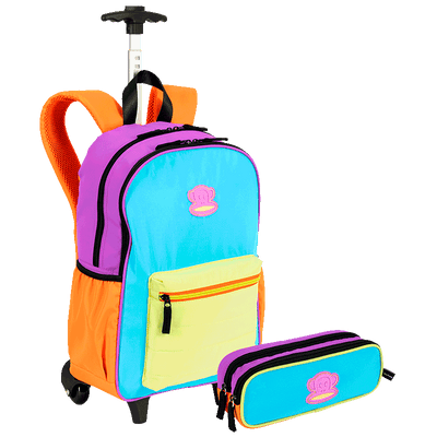 Kit  Mochila Carrinho Externo e Estojo 2 Compartimentos Paul Frank Authentic - Laranja
