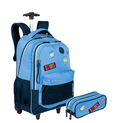 Kit  Mochila Carrinho Externo e Estojo 2 Compartimentos Paul Frank Casual - Azul
