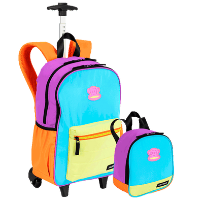 Kit  Mochila Carrinho Externo e Lancheira Pequena Paul Frank Authentic - Laranja