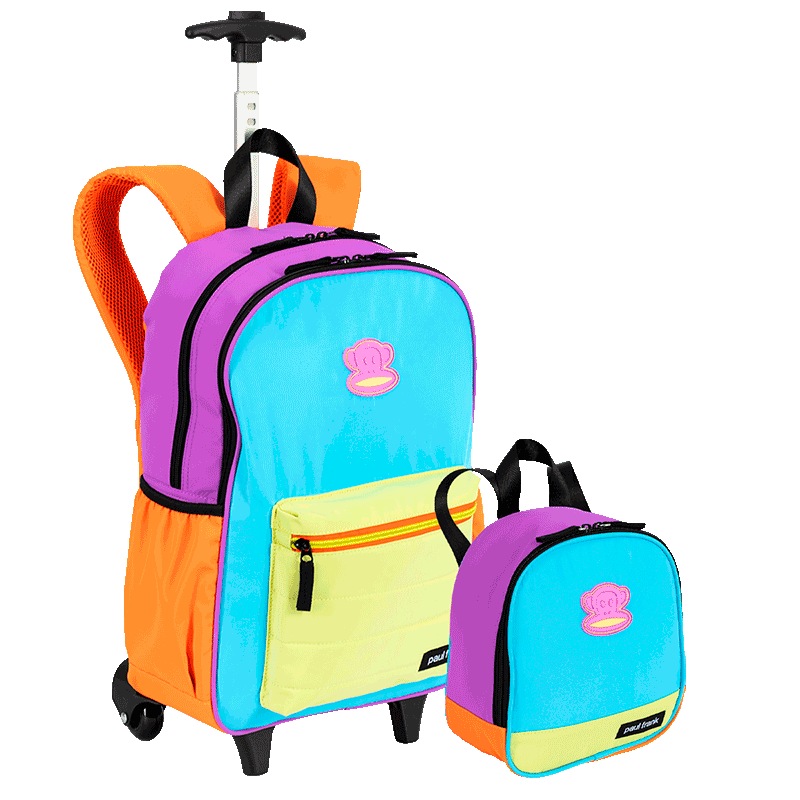 Kit  Mochila Carrinho Externo e Lancheira Pequena Paul Frank Authentic - Laranja