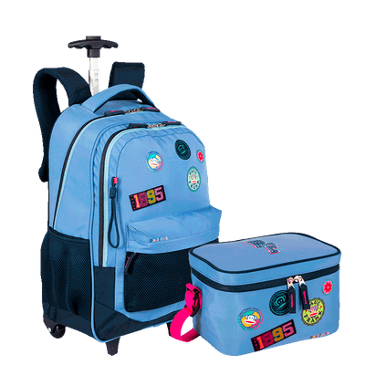 Kit  Mochila Carrinho Externo e Lancheira Grande Paul Frank Casual - Azul