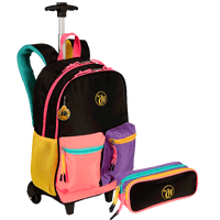 Kit  Mochila Carrinho Externo e Estojo 2 Compartimentos Capricho Contrast - Preto com Rosa