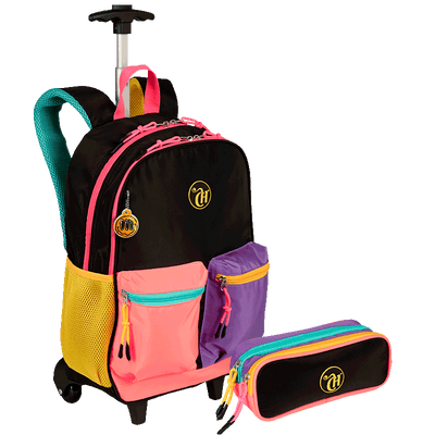 Kit  Mochila Carrinho Externo e Estojo 2 Compartimentos Capricho Contrast - Preto com Rosa