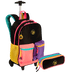 Kit  Mochila Carrinho Externo e Estojo 2 Compartimentos Capricho Contrast - Preto com Rosa