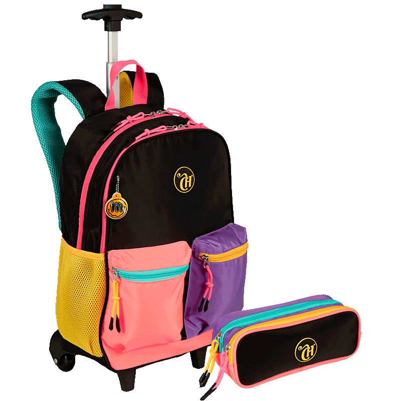 Kit  Mochila Carrinho Externo e Estojo 2 Compartimentos Capricho Contrast - Preto com Rosa
