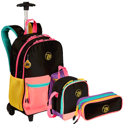 Kit  Mochila Carrinho Externo mais Lancheira Grande e Estojo 2 Compartimentos Capricho Contrast - Preto e Rosa