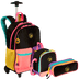 Kit  Mochila Carrinho Externo mais Lancheira Grande e Estojo 2 Compartimentos Capricho Contrast - Preto e Rosa