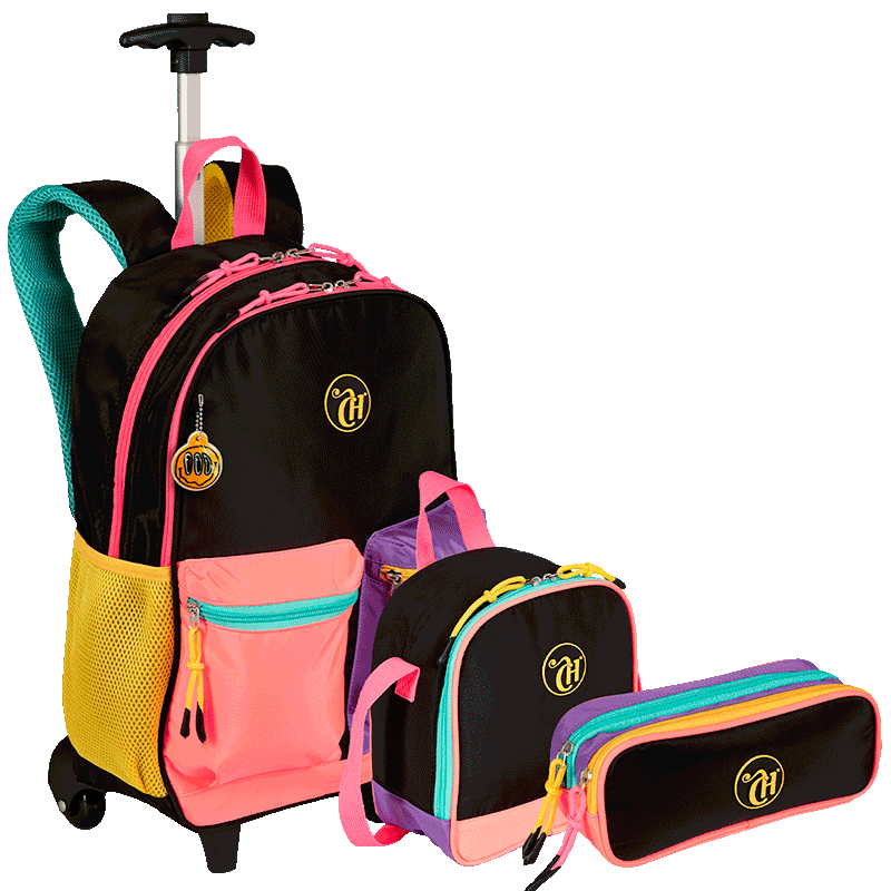 Kit  Mochila Carrinho Externo mais Lancheira Grande e Estojo 2 Compartimentos Capricho Contrast - Preto e Rosa
