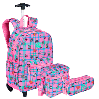 Kit  Mochila Carrinho Externo mais Lancheira Grande e Estojo 2 Compartimentos Capricho Student - Rosa Claro
