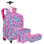 Kit  Mochila Carrinho Externo mais Lancheira Grande e Estojo 2 Compartimentos Capricho Student - Rosa Claro