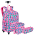 Kit  Mochila Carrinho Externo mais Lancheira Grande e Estojo 2 Compartimentos Capricho Student - Rosa Claro