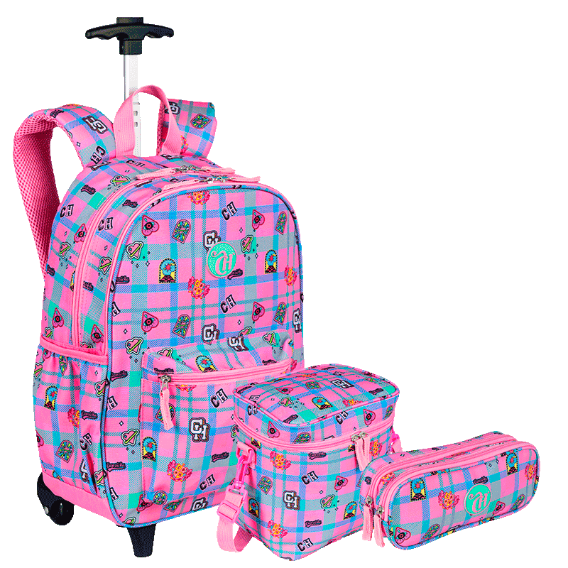 Kit  Mochila Carrinho Externo mais Lancheira Grande e Estojo 2 Compartimentos Capricho Student - Rosa Claro