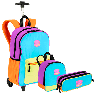 Kit  Mochila Carrinho Externo mais Lancheira Pequena e Estojo 2 Compartimentos Paul Frank Authentic - Laranja