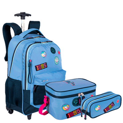 Kit  Mochila Carrinho Externo mais Lancheira Grande e Estojo 2 Compartimentos Paul Frank Casual - Azul