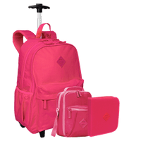 Kit Mochila Carrinho Externo mais Lancheira Pocket e Estojo Artístico Sestini Crinkle Rosa - Pink