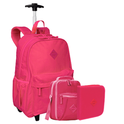 Kit Mochila Carrinho Externo mais Lancheira Pocket e Estojo Artístico Sestini Crinkle Rosa - Pink