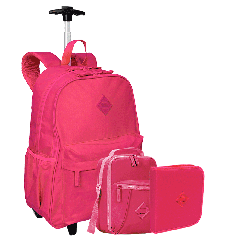 Kit Mochila Carrinho Externo mais Lancheira Pocket e Estojo Artístico Sestini Crinkle Rosa - Pink