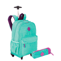 Kit  Mochila Carrinho Externo Sestini Rolling e Estojo com Bolso Azul - Turquesa