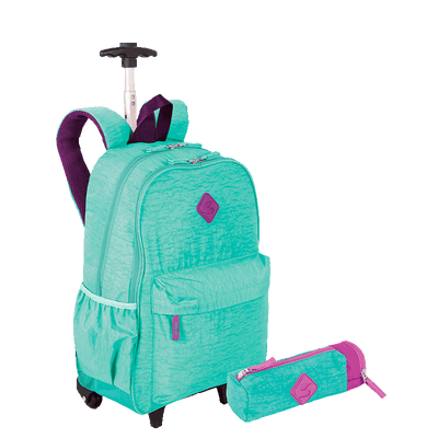 Kit  Mochila Carrinho Externo Sestini Rolling e Estojo com Bolso Azul - Turquesa