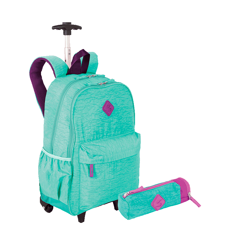Kit  Mochila Carrinho Externo Sestini Rolling e Estojo com Bolso Azul - Turquesa