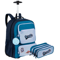 Kit  Mochila Carrinho Grande e Estojo 3 Compartimentos Capricho Class - Azul